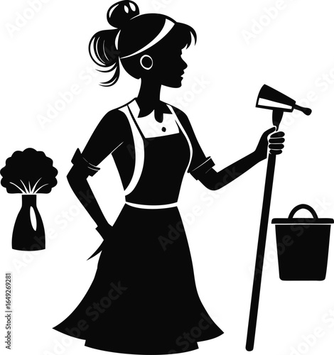 Housekeeper in an apron carrying a bucket and a serving tray, ready to work.