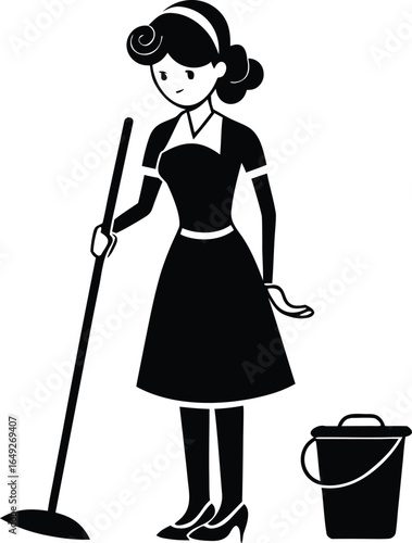Housekeeper in an apron carrying a bucket and a serving tray, ready to work.