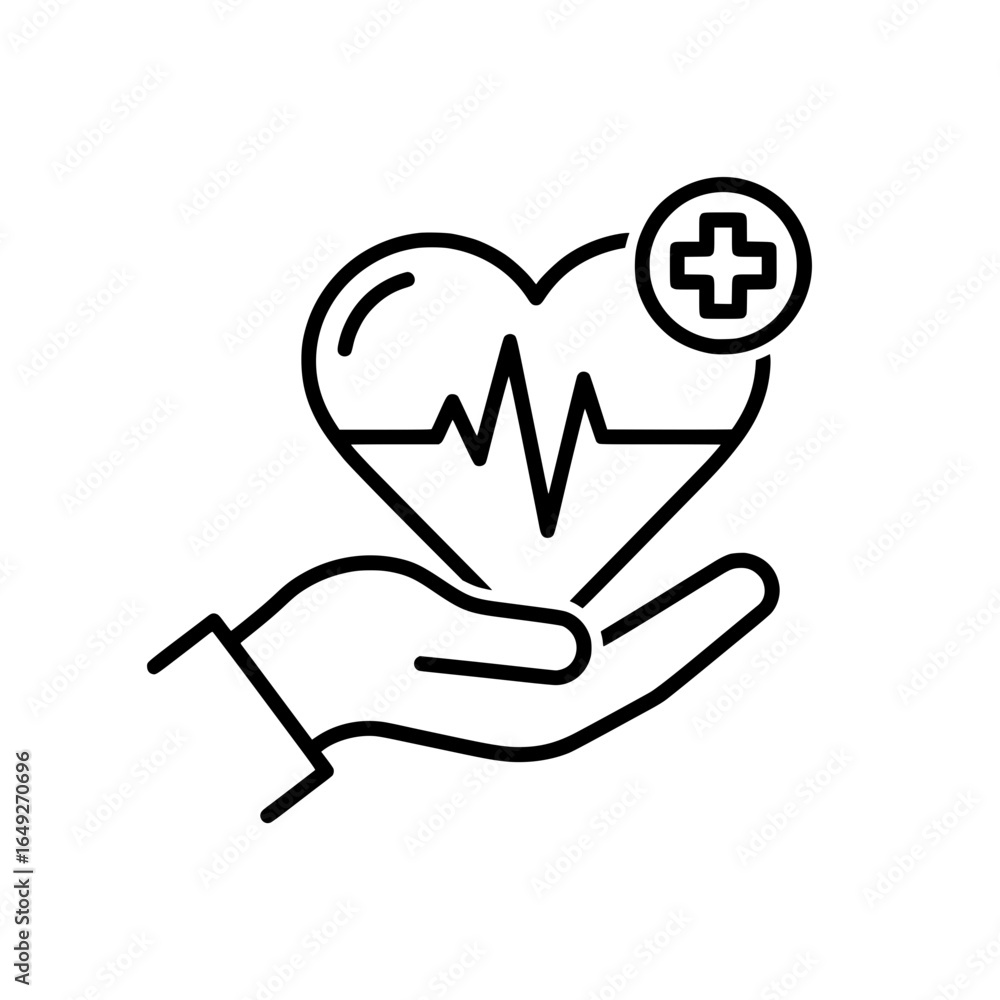 Obraz premium Healthcare Heart Icon with Hand, Heartbeat Line and Medical Cross Symbol – Vector Illustration
