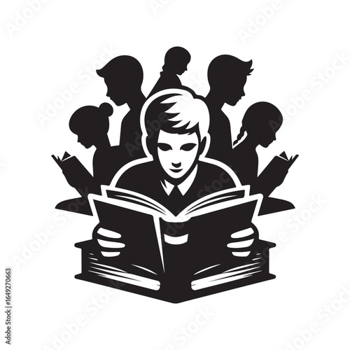 student reading books vector silhouette clip art logo design illustration. education icons collections