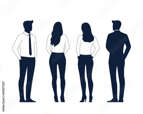 Silhouettes of two women and two men, dressed in business attire, standing with hands behind their backs. One man faces forward, one backwards. Women are shown from the back