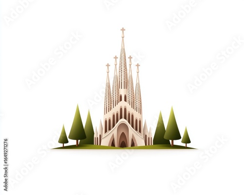 Stylized cathedral with tall spires & arched entry. Triangular trees frame the structure on a patch of green grass against a white background, clean design