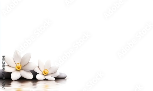 Two white flowers rest on gray stones, reflecting on a white surface