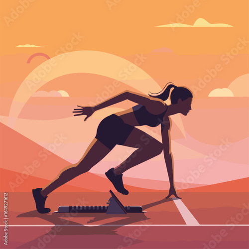 This image portrays a female sprinter in a starting position on the track