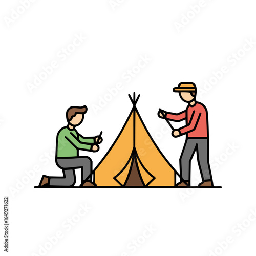 Flat design of men assembling camping tent with stakes and ropes for wilderness exploration and outdoor activity