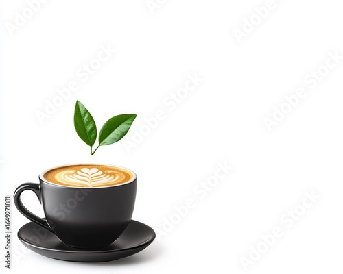 A single black coffee cup with saucer, adorned with latte art, and two green leaves floating above. White background