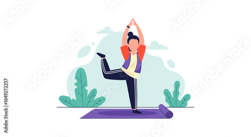 A modern flat vector illustration depicts a woman gracefully practicing a challenging yoga pose on a mat outdoors, promoting balance and mindful wellness.