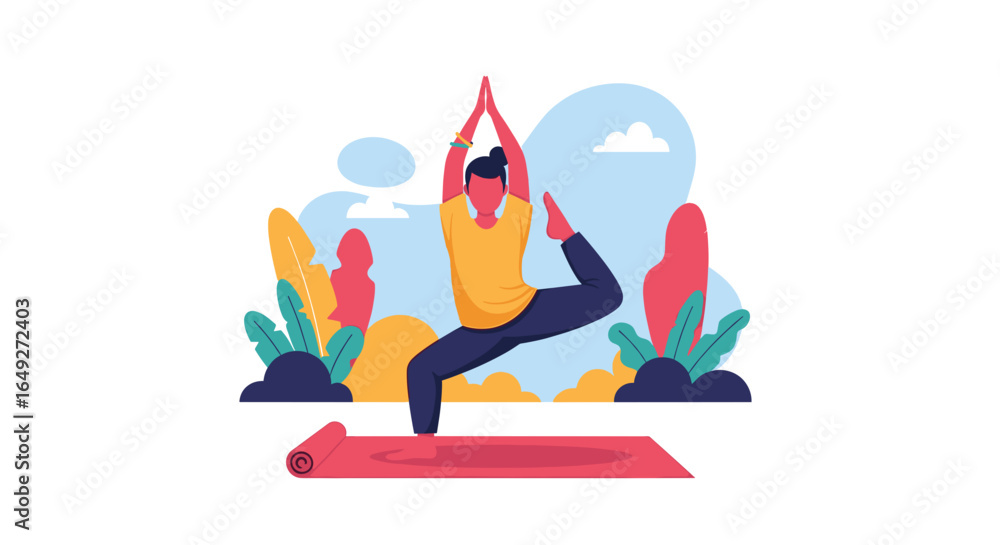 Fototapeta premium An illustrative depiction of a man practicing a challenging yoga pose on a mat, emphasizing balance and mindful exercise for wellness.
