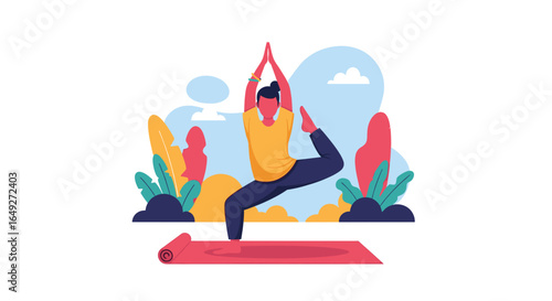 An illustrative depiction of a man practicing a challenging yoga pose on a mat, emphasizing balance and mindful exercise for wellness.