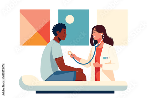 Medical Consultation Doctor Examining Patient with Stethoscope in a Clinic Setting - Vector Illustration