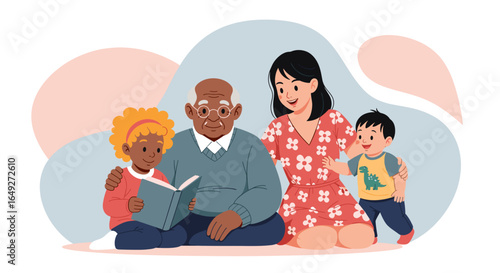 A heartwarming illustration shows a diverse multi-generational family enjoying a cozy moment, with a grandfather reading to a child as others observe happily.