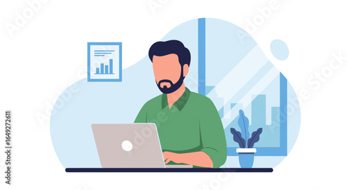A focused man with a beard diligently works on his laptop at a modern desk, embodying productivity and remote work in a contemporary office setting.