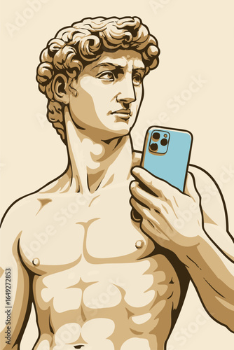 Illustration of a statue Dav holding a cell phone