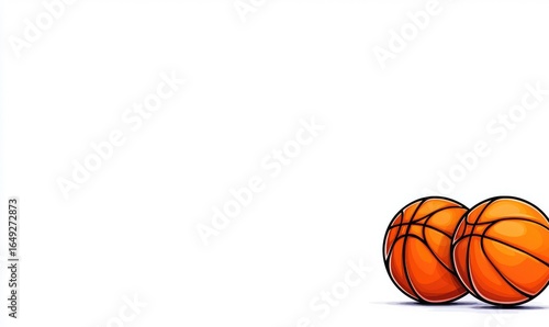 Two cartoon-style orange basketballs sit stacked on top of each other against a vast white background. Black lines create definition and depth
