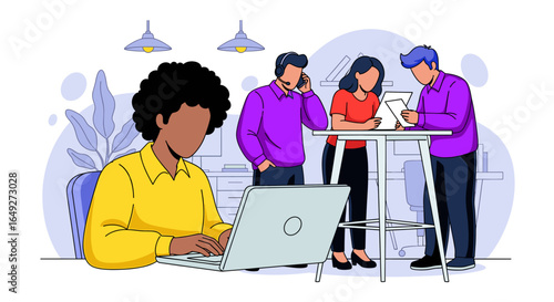 A diverse team of professionals collaborates effectively in a modern office environment, showcasing productivity and digital work.