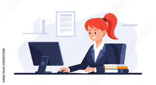 A cheerful young businesswoman with red hair works diligently at her computer desk in a modern office environment, illustrating productivity and professionalism.