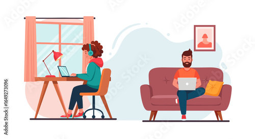 A vibrant illustration capturing the essence of flexible remote work, featuring a dedicated home office setup and a relaxed living room workspace.