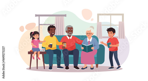 A happy multi-generational family with diverse members enjoys quality time together in a cozy home environment, fostering strong intergenerational bonds.