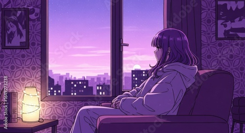 Relaxing Retro Japanese Lo-fi Anime Girl in Purple Neon Color Tone Wallpaper, Music Background