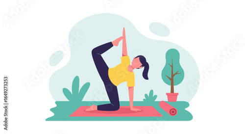 A young woman in a vibrant yellow shirt and dark leggings gracefully performs a challenging yoga pose on a pink mat outdoors, promoting balance and well-being.