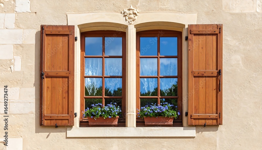 Charming French Window with Wooden Shutters, Blue Flowers, and Sunny Reflections Charming French Window with Wooden Shutters, Blue Flowers, and Sunny Reflections