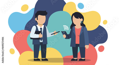 Modern business professionals utilize wireless technology for efficient data transfer and digital communication, depicted in a colorful, abstract illustration.