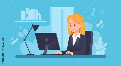 A professional woman works diligently at her computer in a modern office setting, illuminated by a desk lamp.