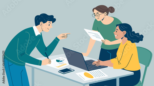 Diverse team collaborates on a project, brainstorming ideas and working together around a table with a laptop.