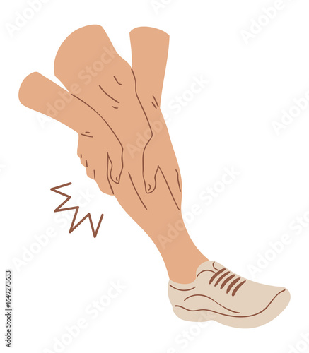 Flat vector illustration of male hands holding calf muscle due to pain or cramp. Sports injury or muscle strain. Isolated on white background