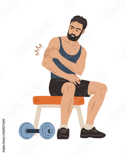 Flat vector illustration of a young man holding shoulder in pain during dumbbell training. Muscle strain or sports injury. Isolated on white background