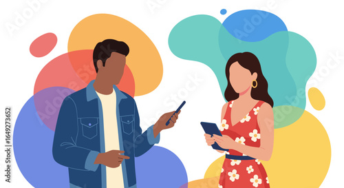 Diverse colleagues collaborate and communicate ideas using mobile devices against a backdrop of colorful abstract shapes.