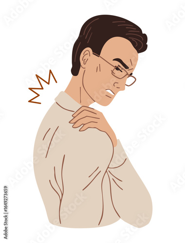Flat vector illustration of a young man in office clothes holding trapezius muscle due to pain in shoulder or neck. Occupational chronic disease from sedentary work. Isolated on white background