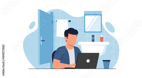 A man works on his laptop in a bathroom, symbolizing remote work or multitasking in an unusual location.