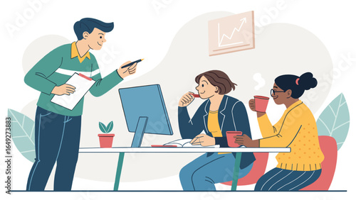 Team collaboration and discussion in a modern office environment, fostering productivity and idea sharing.