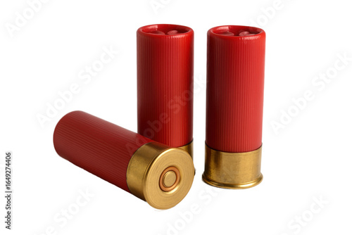 Foto Three red shotgun shells with brass bases isolated on white background, close-up