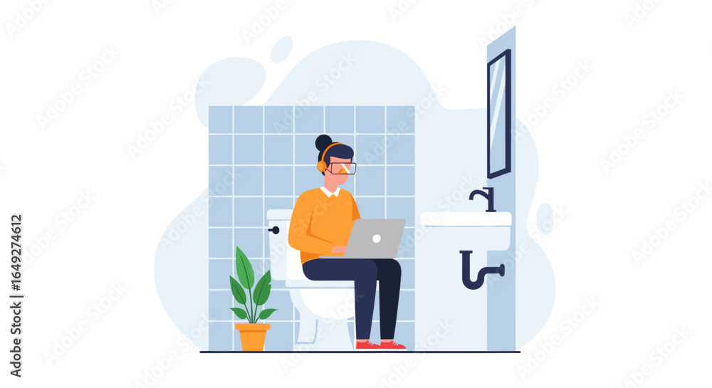 Fototapeta premium Person working remotely on a laptop while sitting on the toilet in a modern bathroom, headphones on.