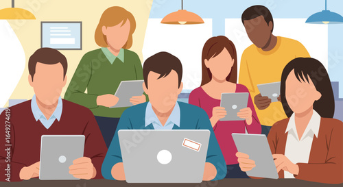 Diverse group of colleagues collaborating and working together using laptops and tablets in a modern office setting.