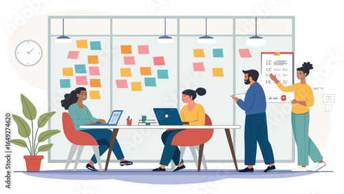 Diverse team collaborates effectively using a Kanban board for project management and workflow organization in a modern office.