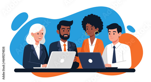 Diverse group of professionals collaborating on laptops in a modern office setting, fostering teamwork and innovation.