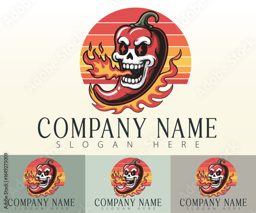 Design graphic of a ghost pepper with a spooky skull face, breathing fire.