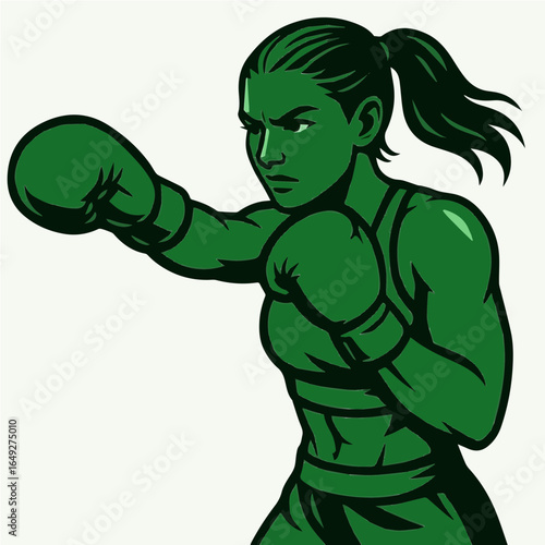 Strong Female Boxer: A dynamic illustration of a determined female boxer throwing a powerful punch, embodying strength, grit, and athletic prowess.