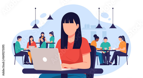 Young woman focused on laptop in a modern cafe with people working and socializing in the background.