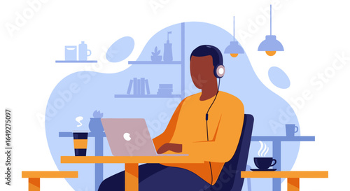 A man wearing headphones works on his laptop at a cafe table with coffee and a drink.