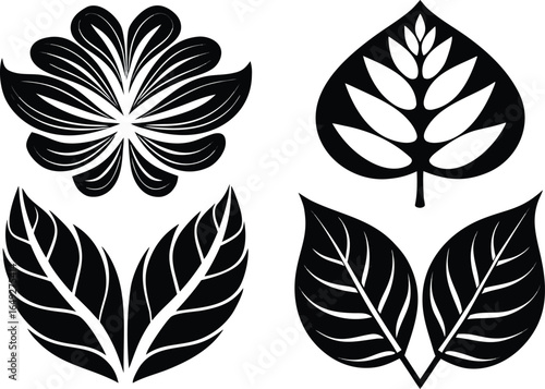 Minimalist black-and-white leaf set featuring four stylized botanical designs