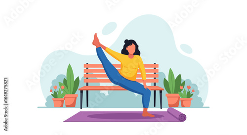 A young woman in comfortable activewear practices a challenging yoga pose on a mat outdoors, demonstrating flexibility and balance in a serene park setting.