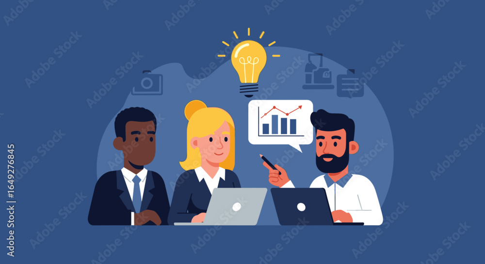 Diverse business professionals collaborate on innovative strategies, analyzing data and generating new ideas for successful project development and growth. Diverse business professionals collaborate on innovative strategies, analyzing data and generating new ideas for successful project development and growth.