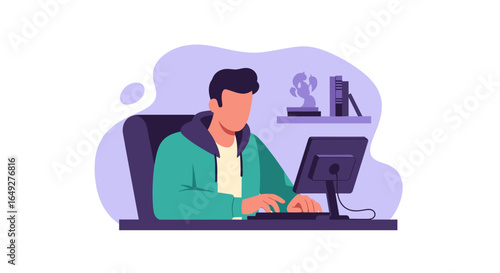 A contemporary flat illustration depicts a focused man diligently working at his computer desk, symbolizing remote work, online learning, or digital content creation.
