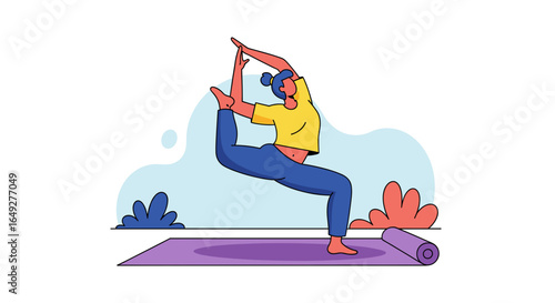 A serene woman practices a challenging yoga pose on a mat outdoors, embodying balance and mindful wellness in a modern illustration.