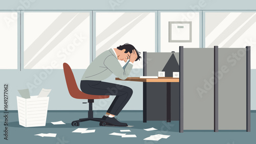 A man feeling overwhelmed and stressed by his demanding workload sits slumped at his office desk, surrounded by scattered papers and a full trash bin.