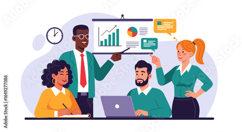 A diverse team of professionals collaborates during a business meeting, analyzing data and discussing strategies for growth and success.